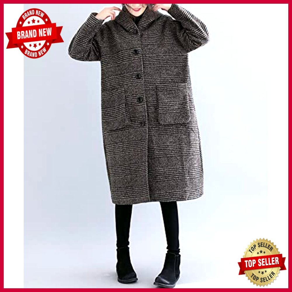Vintage Houndstooth Plaid Wool Blend Long Coat with Hood Loose Fit - Picture 3 of 4